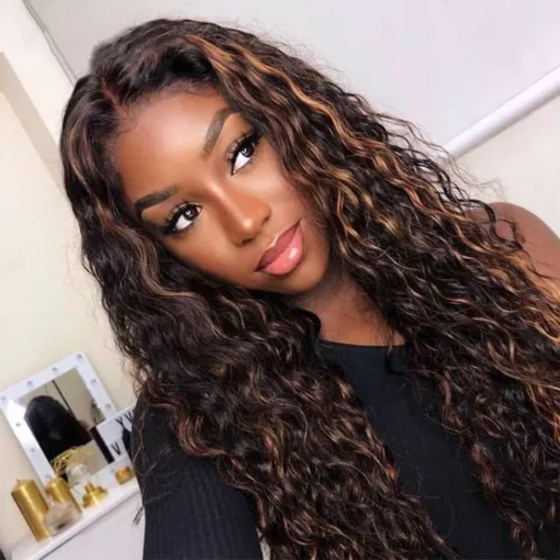 Long Deep Curly Synthetic Wigs Ombre Dark Brown Blonde Highlight Wig Heat Fiber MI1605902