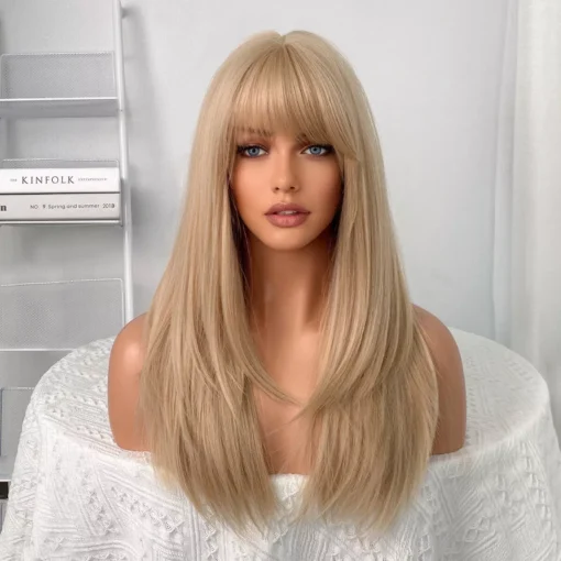 Long Light Blonde Hair Wigs With Bangs Synthetic Natural Straight Wig For Women Women MI1611529