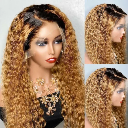 Long Ombre Honey Blonde Brown Curly Wigs Water Wave Lace MI1611022