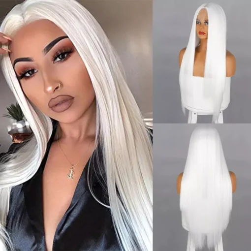 Long Silky Straight Lace Front Wig White Synthetic Hair Wigs MI1605451