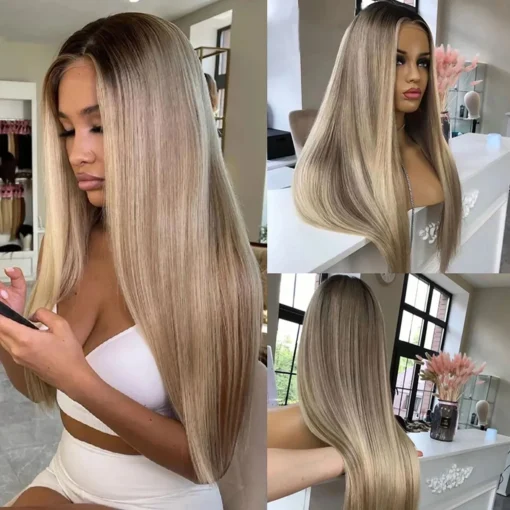 Long Straight Dark Roots Blonde Lace Front Wig Soft Glueless MI1610289