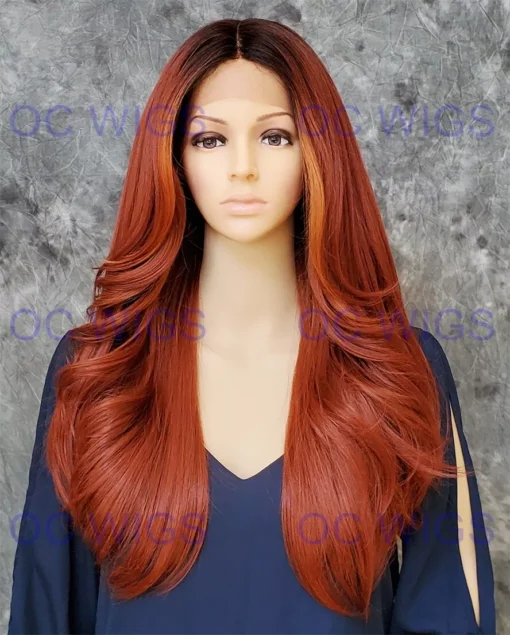 Long Straight Heat Ok Lace Front Human Hair Blend Wig Auburn/Light Copper Evfl MI1602952