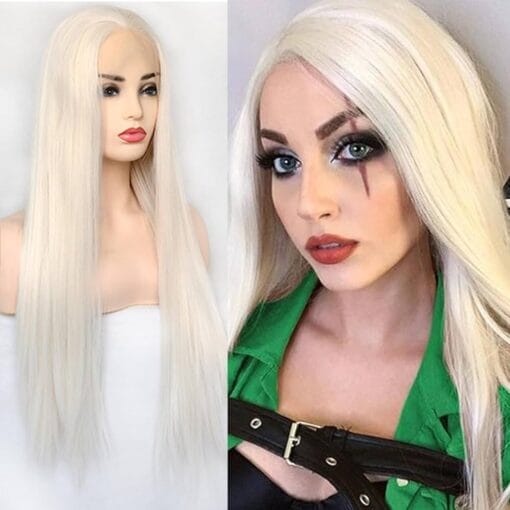 Long Straight Lace Front Wigs #60 Platinum Blonde Natural Heat Resistant Synthetic Hair Half Hand Tied Wigs For Women Cosplay Daily Wear (22 Inches, MI1606660