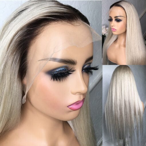 Long Straight Platinum Ash Blonde Lace Front Human Hair Wigs MI1611433