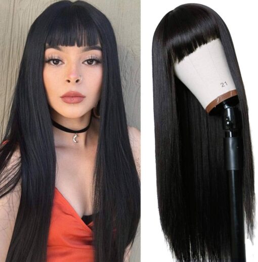 Long Straight Remy Hair Wigs Natural Black Heat Resistant Fiber Hair Full Machine Wig With Bangs Cosplay Party Wig For Women Fashion Women(24 Inches Natural MI1604006