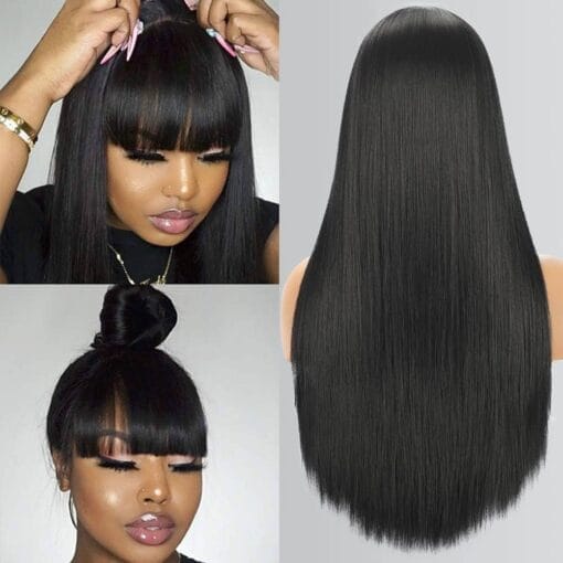 Long Straight Wig With Bangs Natural Black Wigs For Women Women Fashion Silky Soft Smooth Remy Hair Heat Resistant Fiber Synthetic Wig Machine Made Glueless MI1611806