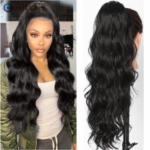 Long Wavy Ponytail Human Hair Drawstring Clip In Hairpiece Black Wave Extension African American Pony Tail Body Wave For Women Women MI1604321