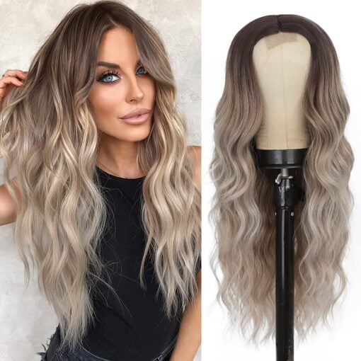 Long Wavy Synthetic Wig 24Inch Ombre Ash Blonde Wigs For Women MI1603378