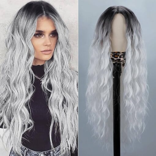 Long Wigs For Women Women 30 Inch Silver Curly Hair Wig Middle Part Glueless Grey Wig Body Wave Wigs Natural Heat Resistant Synthetic Wig For Women Christmas MI1607749