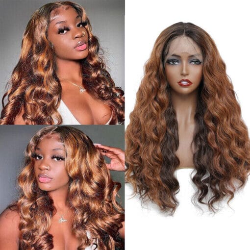 Loose Wave Synthetic Lace Front Wig Women Ombre Honey Brown MI1611151