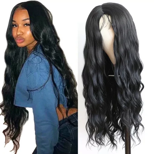 Loose Wavy Synthetic No Lace Wigs Long Black Hair Natural MI1604231