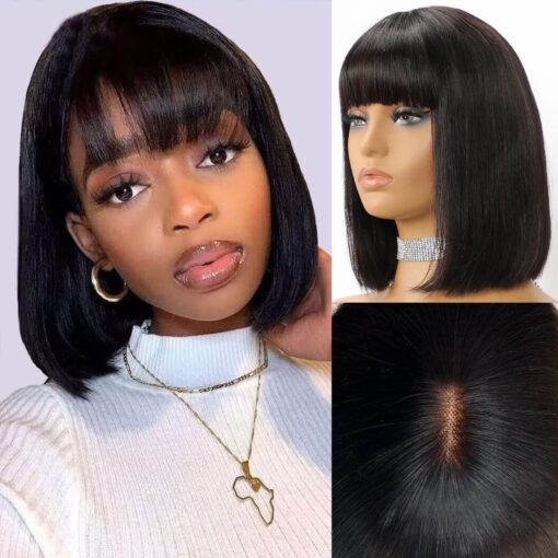 Lsybeauty Wear And Go 10 Inch Short Black Bob Wig With Bangs Human Hair Straight Bang Bob Wig Glueless Minimalist 2X1 Hd Lace Scalp Bob Bang Wig MI1606282