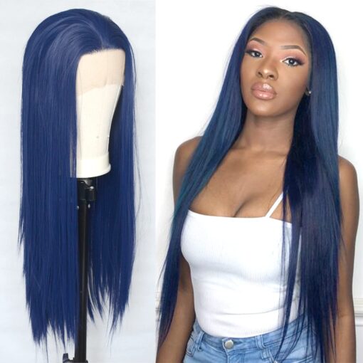 Luwigs Dark Blue Lace Front Wigs Synthetic Long Straight Heat Resistant Fiber Hair For Women Fashion Women Navy Blue Synthetic Lace Front Wigs With Natural MI1610926