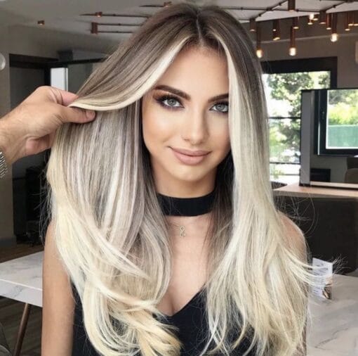 Luxury Balayage Highlight Ash Blonde Platinum Dark Roots 100% Human Hair Swiss 13X4 Lace Front Wig U Part Or Full Lace Upgrade Available MI1611437