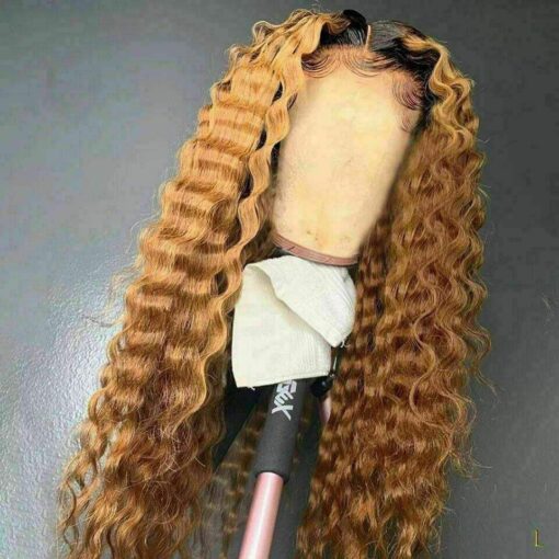 Luxury Ombre Honey Blonde #1B/27 Deep Wave 100% Human Hair Swiss 13X4 Lace Front Glueless Wig U Part, 360 Or Full Lace Upgrade Available MI1610378