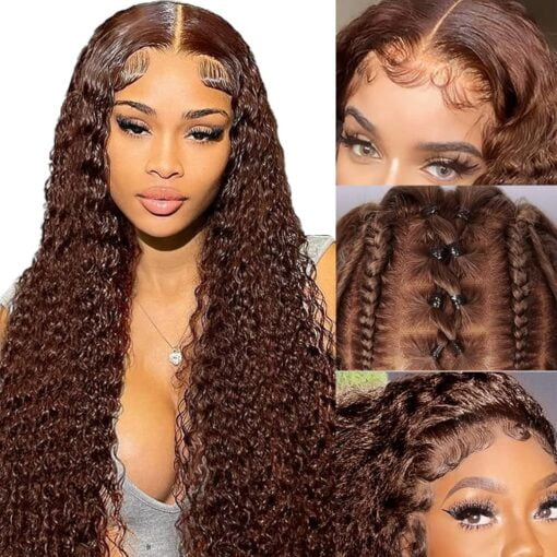 Lzgye Chocolate Brown Curly Lace Front Wigs Human Hair Colored Deep Wave Wig For Women Women 13X4 Hd Lace Pre Plucked With Baby Hair 150% Density Glueless MI1610856