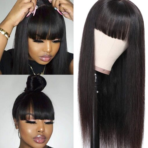 Lzlefho Silky Brazilian Virgin Straight Human Hair Wigs With Bangs 150% Density None Lace Front Wigs Glueless Machine Made Wigs For Women Women Natural MI1602567