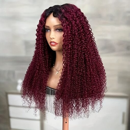 Magenta Ombre Dark Roots Curly V Part Wig No Leave MI1611320