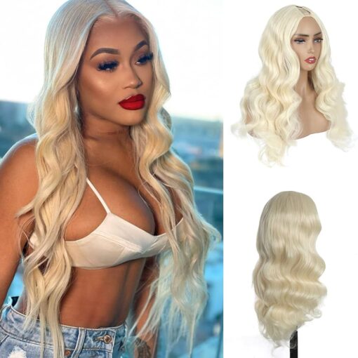 Matthia Synthetic V Part Wig 613 Blonde Body Wave Wigs Upgraded U Part Wigs For Women Black Women, Blonde Glueless Full Head Clip In Half Wig V Part Wigs MI1610560