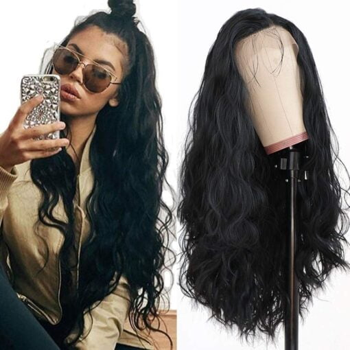 Maycaur Long Black Hair Lace Wigs Loose Wavy Hair Glueless Heat Resistant Synthetic Lace Front Wigs For Women Black Women MI1604134