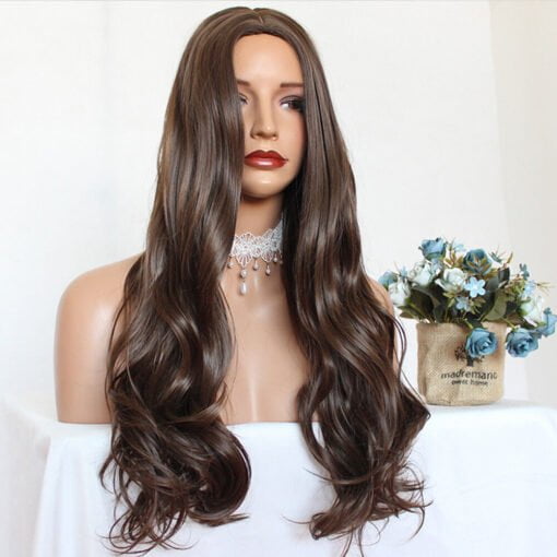 Medium Brown Silk Top Synthetic Wigs Body Wave Heat Resistant Synthetic Hair Wig MI1606033