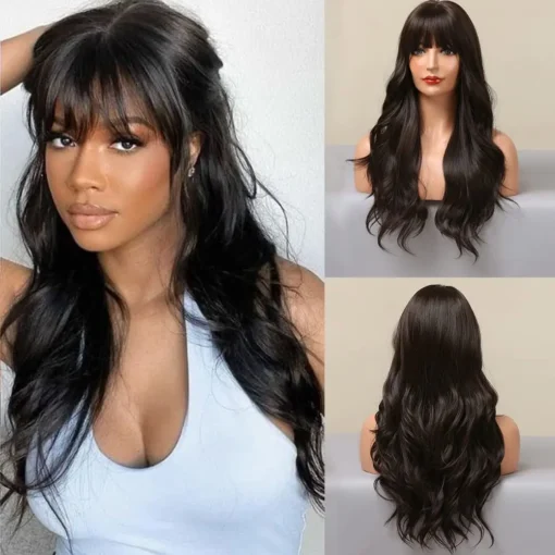 Medium Long Wavy Wigs For Women Black Women Black Mix Brown Synthetic Wigs With Bangs MI1604144