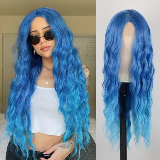 Medo Blue Wigs For Women Women Long Wavy Wigs 28 Inch Water Wave MI1610459