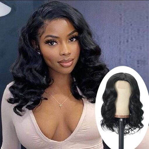 Meiliprotea 16" Short Body Wave Synthetic Wig Side Part Bob Wavy Lace Wig Short Wavy Bob Wigs For Women Black Women 180% Density Ocean Wave Wig Short Wavy MI1603762