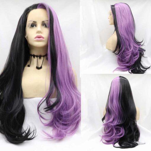 Melody Wig Black Half Purple Synthetic Lace Front Wigs Long Wavy Wig Heat Resistant Fiber Half Hair Wigs MI1610531