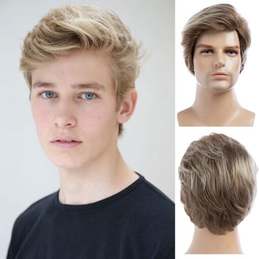 Men Short Blonde Wigs Short Layered Mixed Blonde Wig Synthetic Replacement Costume Halloween Natural Hair Wigs MI1609777