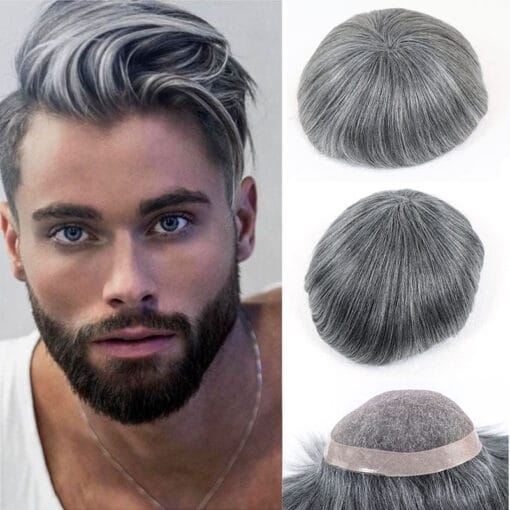 Men Toupee Human Hair Mix Grey Hair Replacement System MI1611849