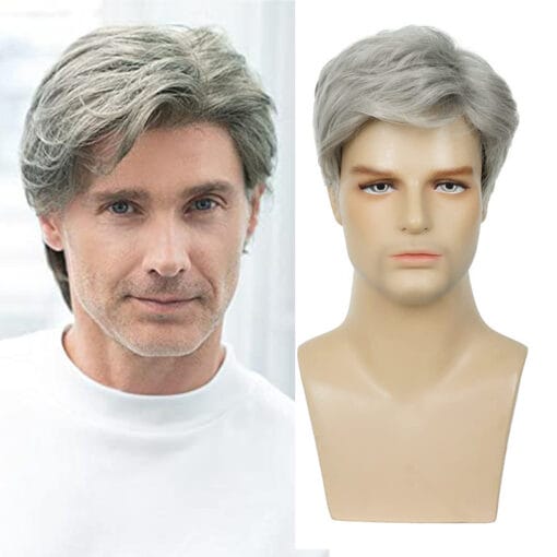 Men Wigs Short Silver Gray Wig Male Guy Short Layered Cosplay Costume Party Synthetic Heat Resistant Natural Hair MI1611885