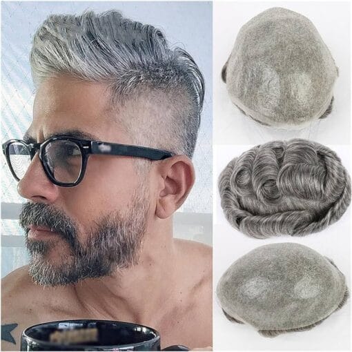 Men'S Wigs Men'S Toupee Indian Human Hair Wig Soft Thin Skin V Looped Pu Base Male Hair Prosthesis Wave Hair Pieces System Units #1B65(Off Black With MI1611848