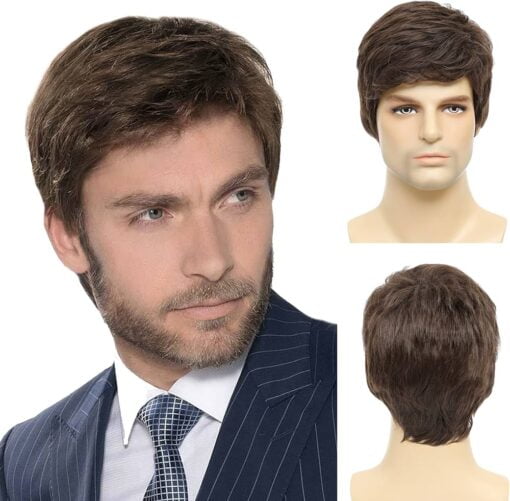 Mens Brown Wig, Short Brown Men Wig Layered Natural Hair Full Synthetic Wig For Women Halloween Male Guy MI1603258