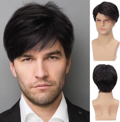 Mens Short Black Wig Short Layered Natural Cosplay Costume Halloween Synthetic Heat Resistant Replacement Wig With Wig Cap MI1611380