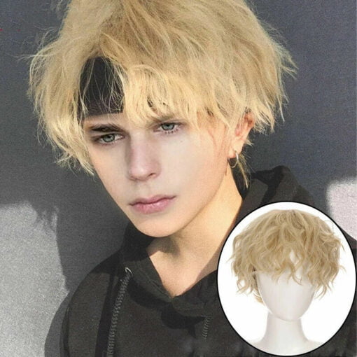 Mens Short Light Blonde Curly Wigs Fluffy Handsome Daily MI1610714