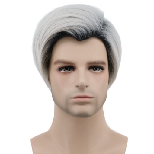 Mens Short Straight Dark Root White Wig Two Tone Halloween Costume Cosplay Wig MI1610751