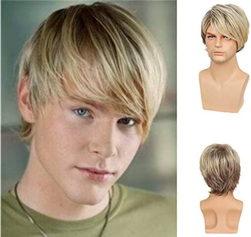 Mens Short Wig Layered Blonde Male Wig Synthetic Hair Wigs Heat Resistant Cosplay Halloween Party With Wig Cap MI1610717