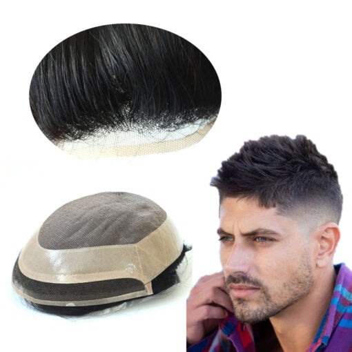 Mens Toupee Human Hair Replacement System Lace Front Fine MI1602654