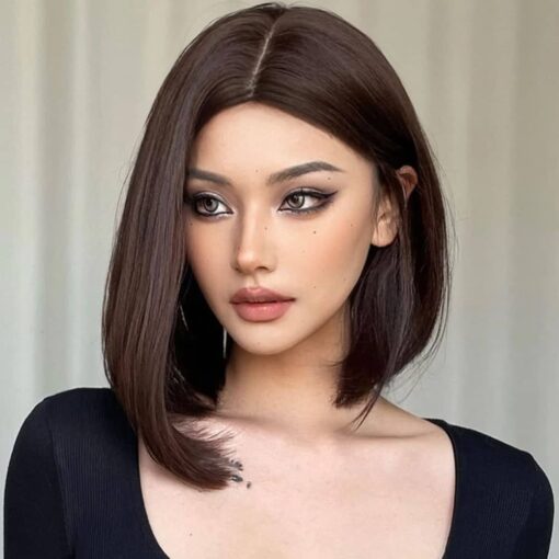 Miman 14 Inch Shoulder Length Dark Brown Straight Bob Wigs Synthetic Medium Length Bob Hair Wig Halloween Costume Wigs For Women Women MI1610734