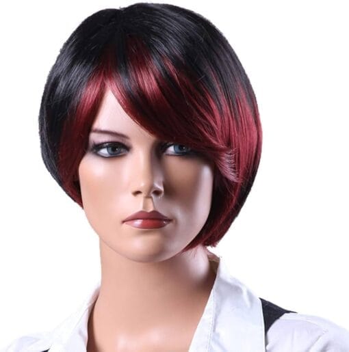 Mipper Short Women Wig Black With Red Highlights Side Parting With Bangs Straight Hair Wig Handsome Personality Women Wig MI1611456