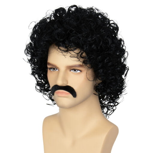 Miss U Hair Mens Wigs Jerry Curl Wig Short Black Curly Wig With Mustache 70S Rocker Mullet Halloween Costume Wig MI1605498