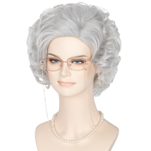 Miss U Hair Short Silver Curly Grandma Granny Wig Old Lady Wig Women Set 5Pcs Halloween Party Cosplay Wig MI1611099