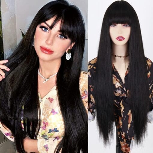 Missqueen Long Black Wigs With Bangs Straight Black Wigs For Women MI1611808