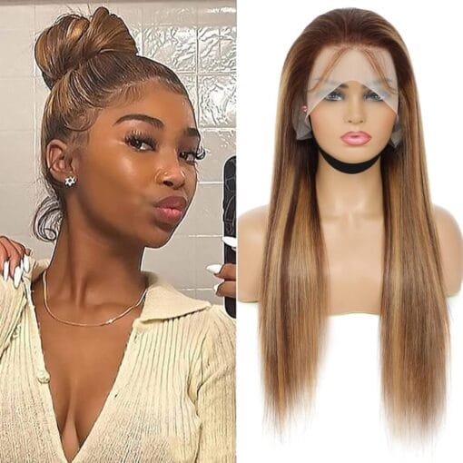 Momoshero Highlight 360 Lace Front Wigs Human Hair Pre Plucked Bleached Knots Ombre Honey Blonde Hd Transparent Lace True P4/27 Color (22 Inch, 360 MI1612044