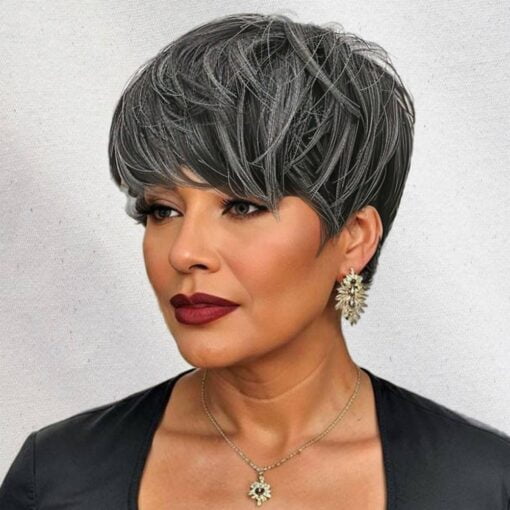 Moonshow Short Grey Wigs For Women Black Women Grey Pixie Cut Wig Synthetic Short Side Part Pixie Haircut Wigs With Bangs For Women Old Women Short Black Mixed MI1610498