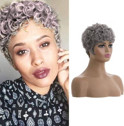 Moonshow Short Grey Wigs For Women Black Women Short Curly Pixie Cut Wig Afro Grey Pixie Wigs Fluffy Short Curly Wigs Synthetic Grey Short Afro Curly Wigs MI1610495