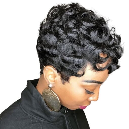 Moonshow Short Pixie Wigs For Women Black Women Short Black Curly Pixie Wigs Synthetic Hair Wigs For Women Black Women Natural Wavy Black Pixie Cut Wig Short MI1603138