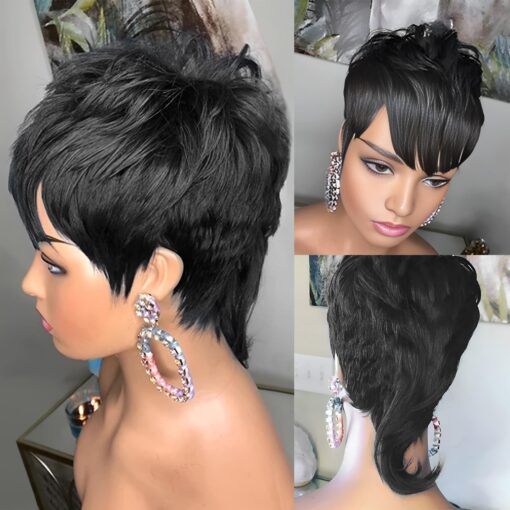 Mullet Wig For Women Black Women Pixie Cut Wig Human Hair Mullet Wigs With Bangs Natural Black Human Hair Wig Glueless Wig Mullet Wig 70S 80S 90S Wig Retro MI1605015