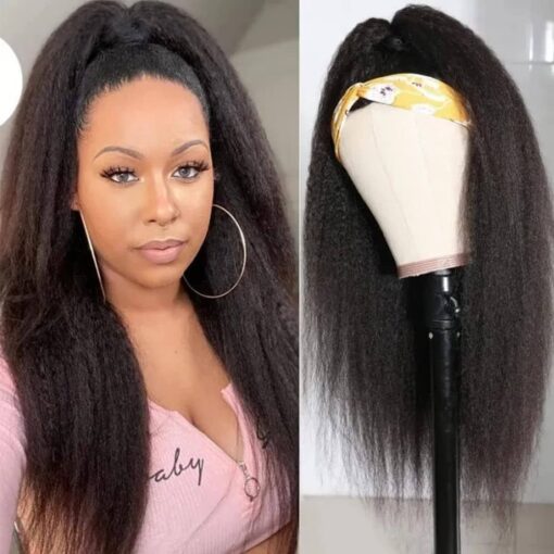 Nadula Kinky Straight Half Human Hair Wigs 10A Brazilian Virgin Hair Yaki Straight 3/4 Half Wigs For Women Women No Lace Glueless Headband Wig Beginner MI1604399